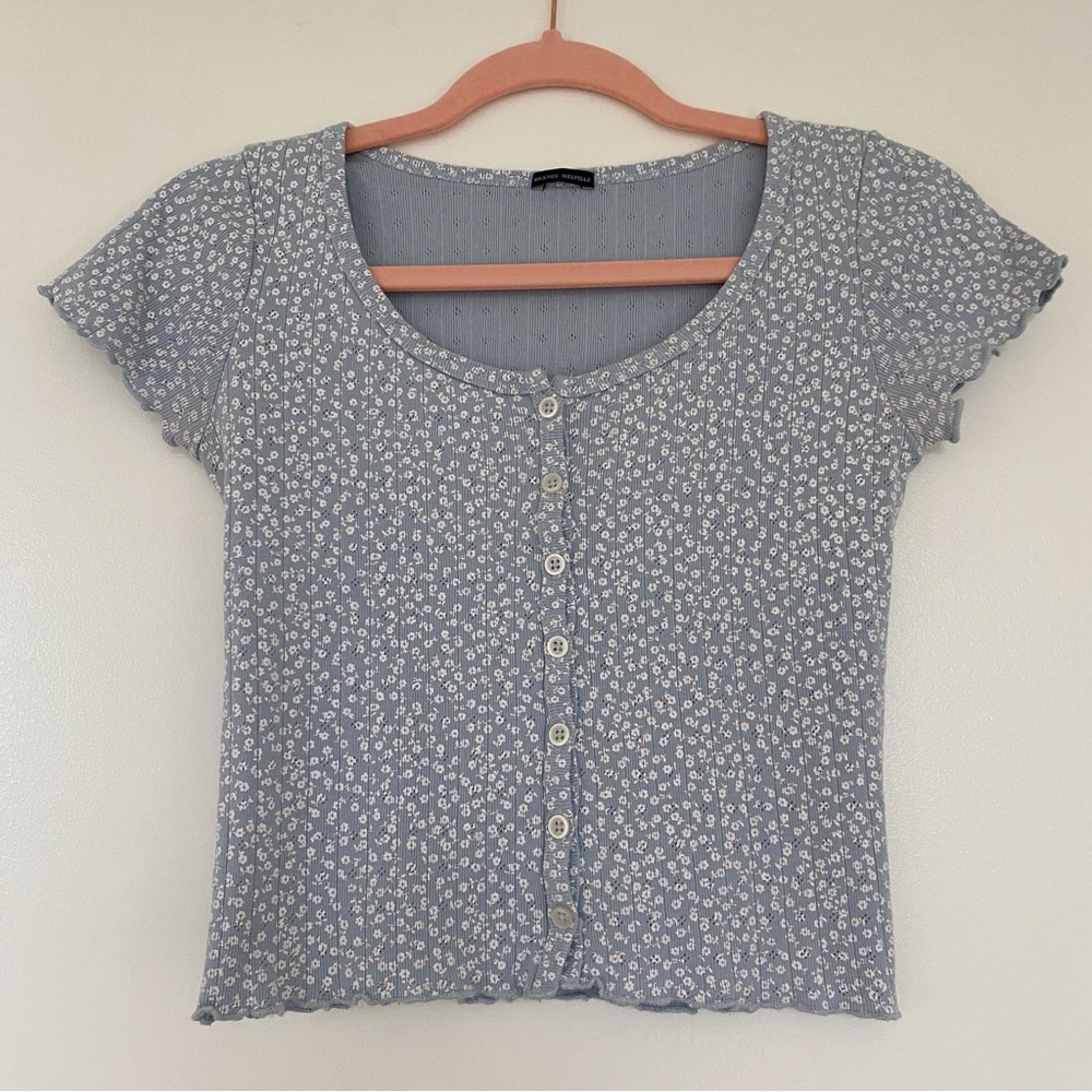 Brandy Melville Blue and White Floral Zelly Top